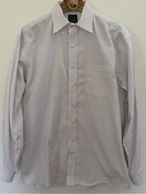 Jos. A. Bank White Dress Shirt with Navy and Gray Windowpane